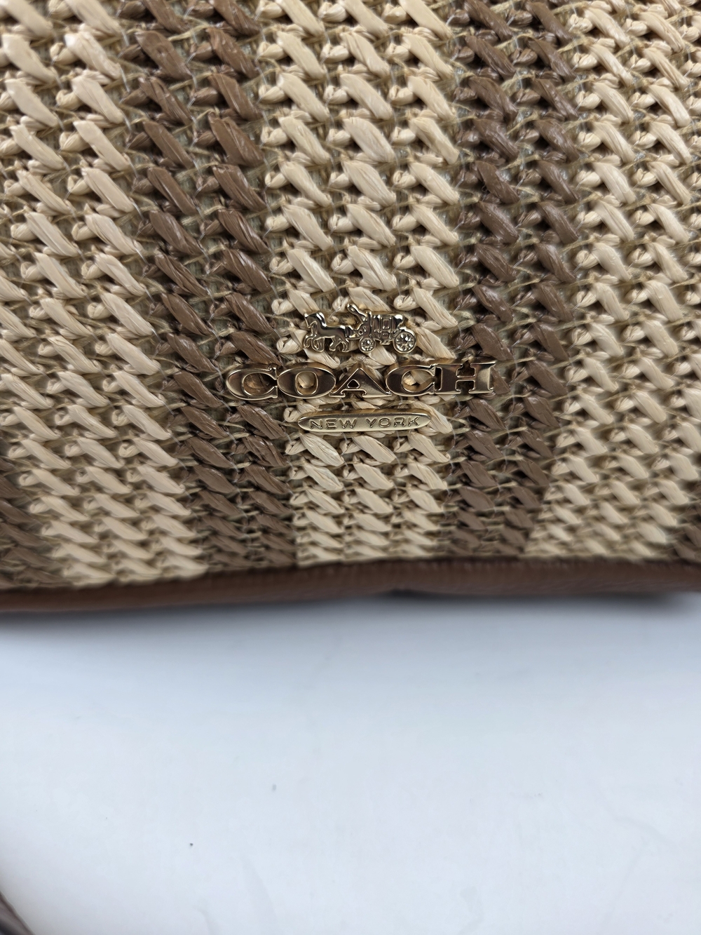 Coach Hadley Brown Mini Natural Woven Leather-Trim Crossbody Straw Bag - Picture 7 of 12